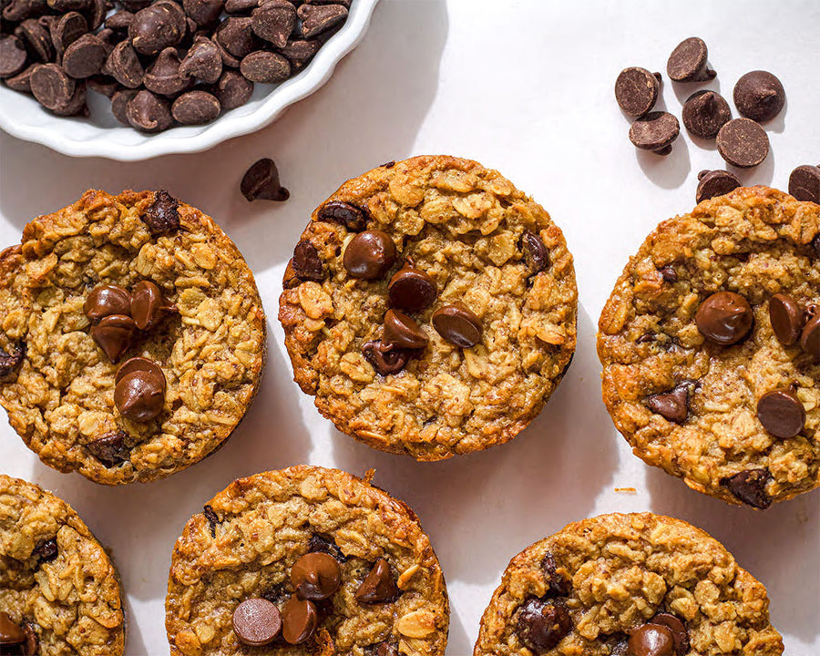 Baked chocolate chip oatmeal cups on a counter
