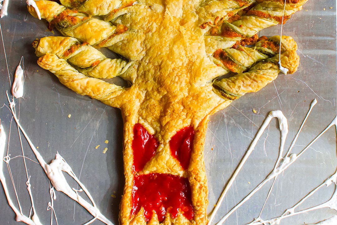 Halloween puff pastry spooky tree with a scary face