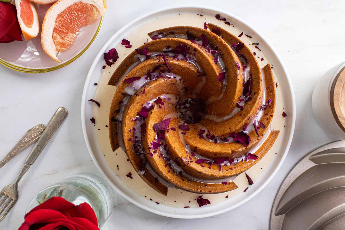 Rose and grapefruit fluted cake with glaze