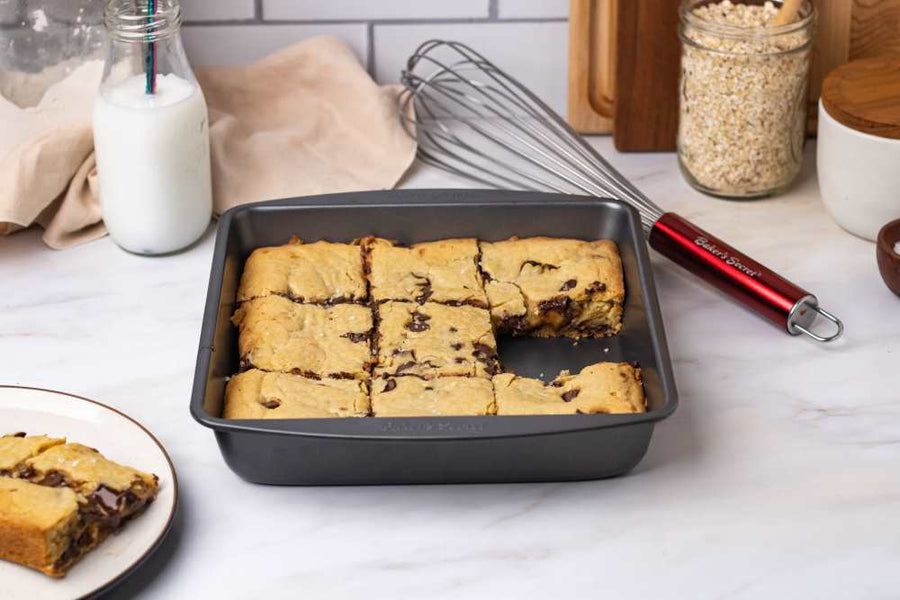 Chocolate chip blondies in a square baking pan