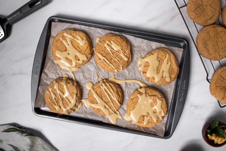 Gingerbread cookies on a Baker's Secret cookie sheet