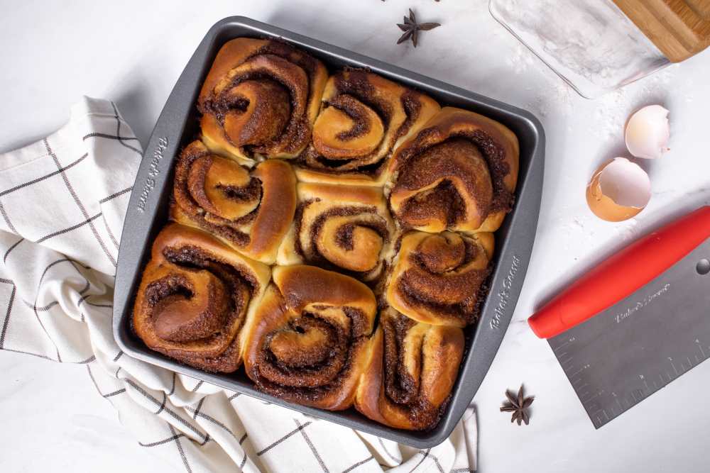 Chai swirl rolls in a square baking pan