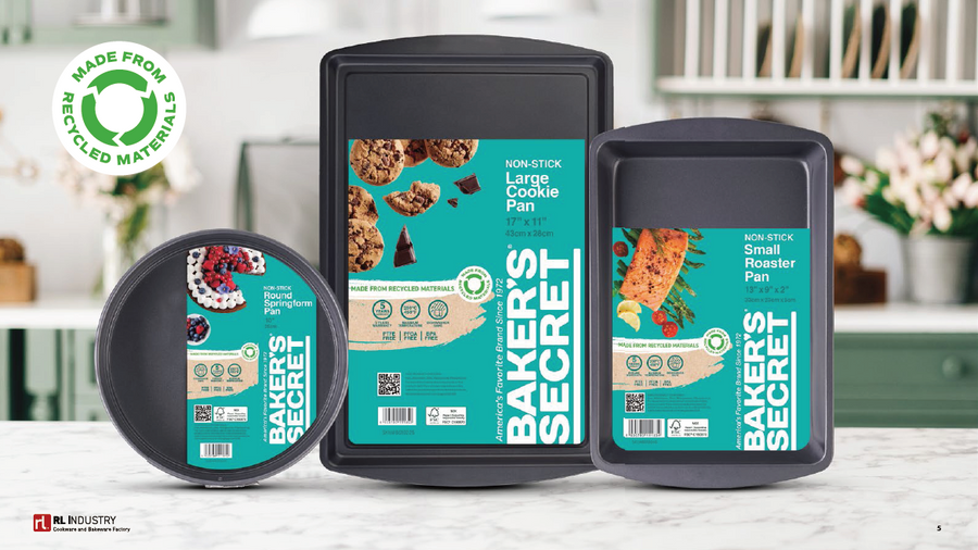 Baker's Secret bakeware made from recycled materials in eco packaging