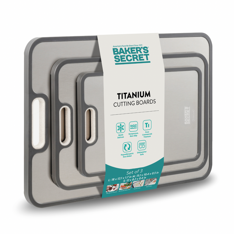 Set of 3 gray titanium double-sided cutting boards in 12, 15 and 18 inch sizes, in packaging