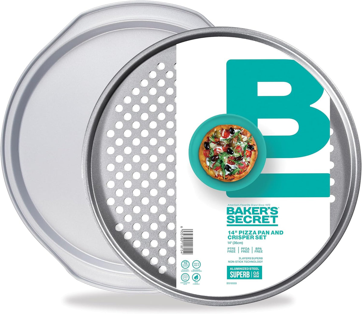 Solid 14-inch pizza pan and perforated pizza crisper in their packaging