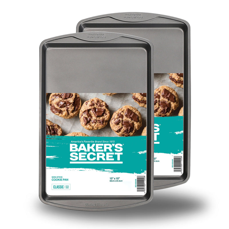 Two Baker's Secret Classic nonstick cookie sheets in their retail sleeves