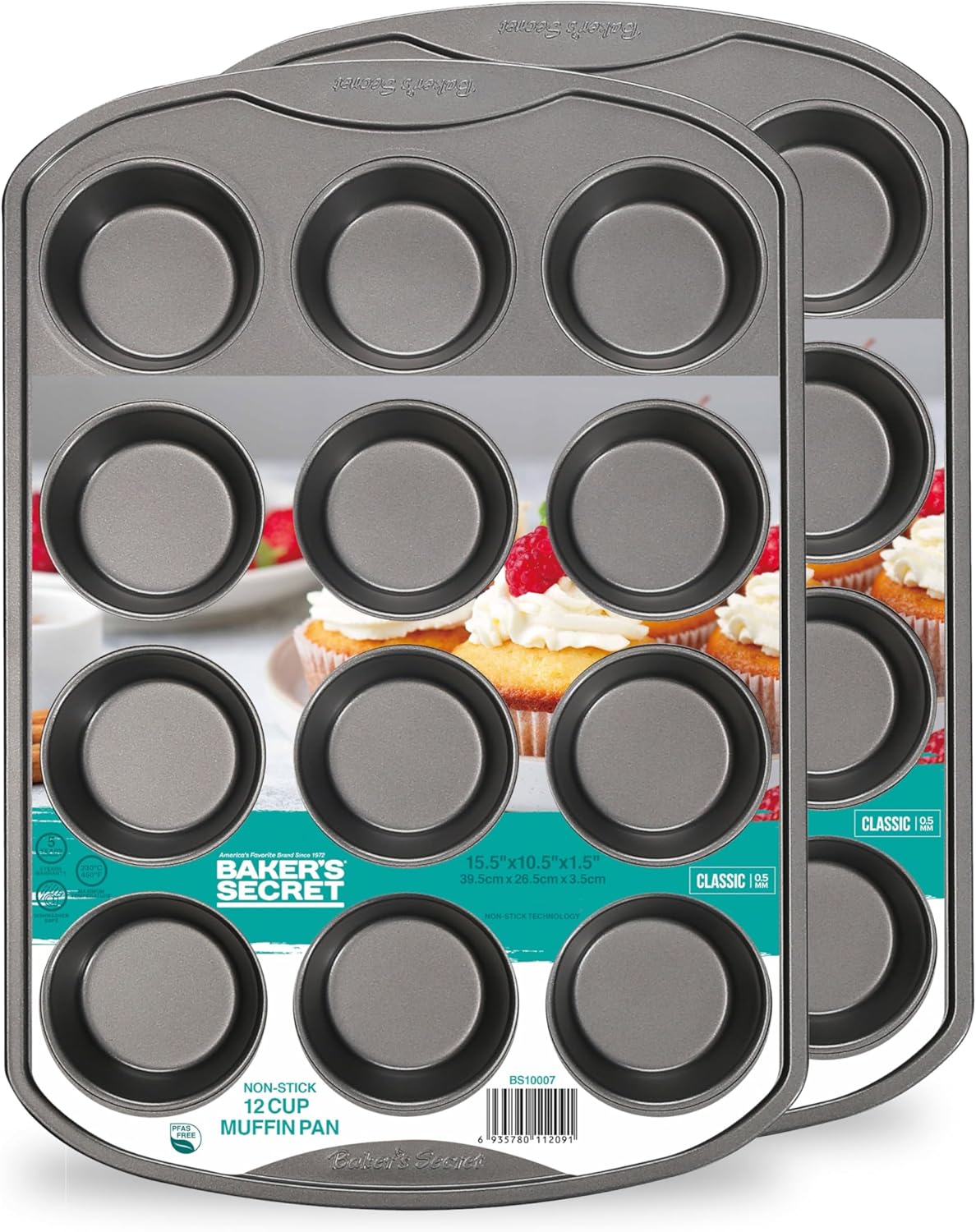 Two Baker's Secret 12-cup muffin pans stacked in their packaging