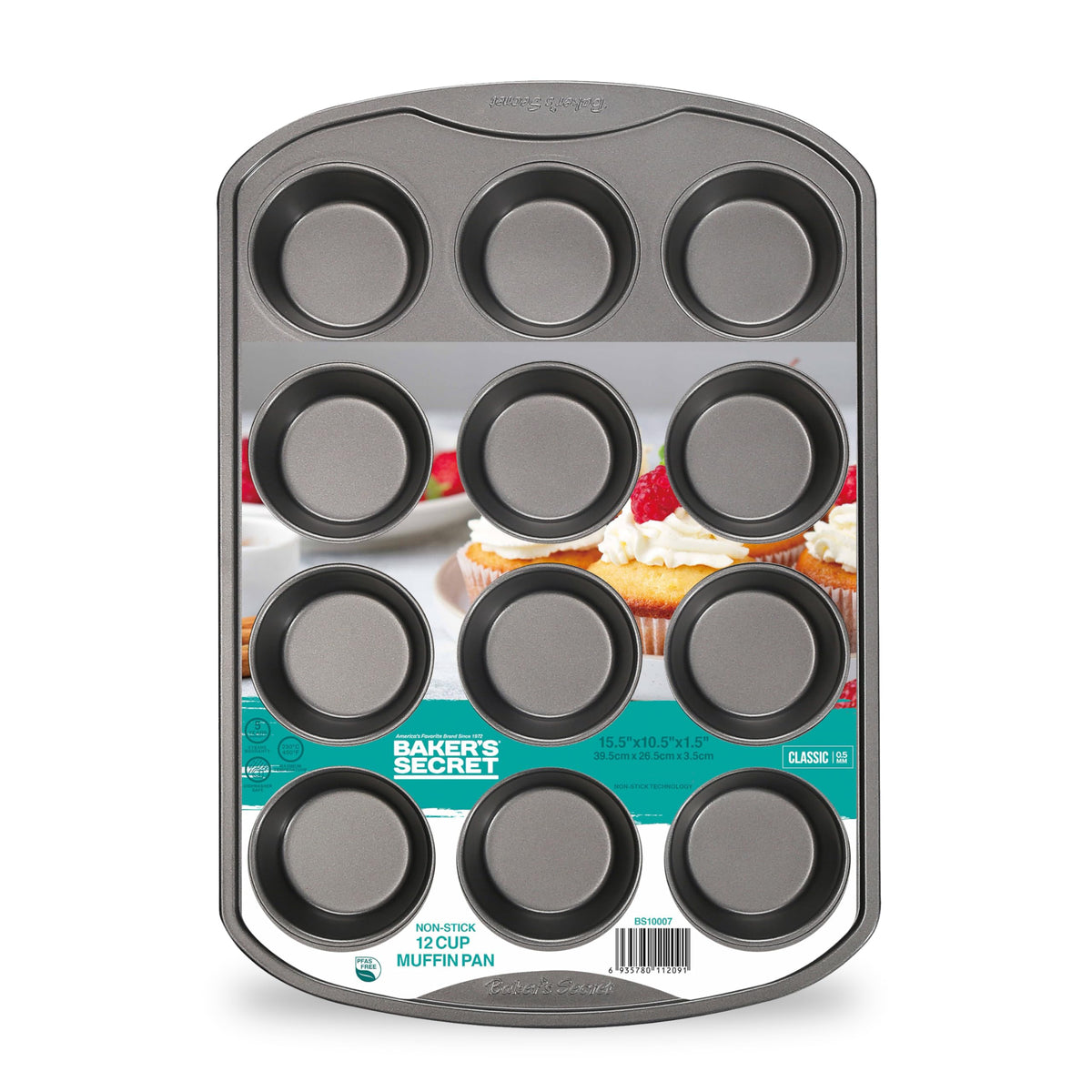 Baker's Secret 12-cup nonstick muffin pan in its retail sleeve, top view
