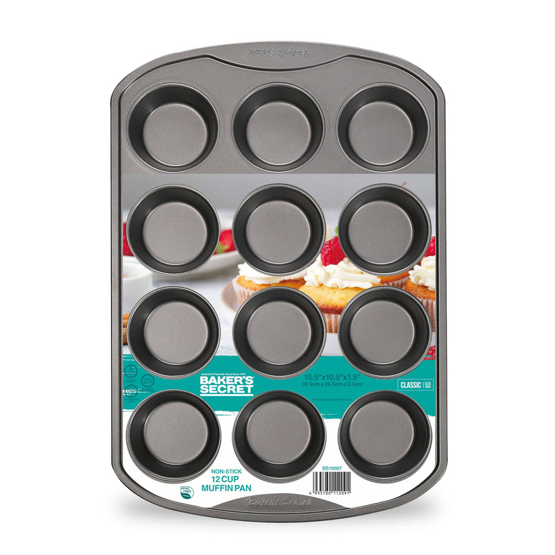 Baker's Secret 12-cup nonstick muffin pan in its retail sleeve, top view