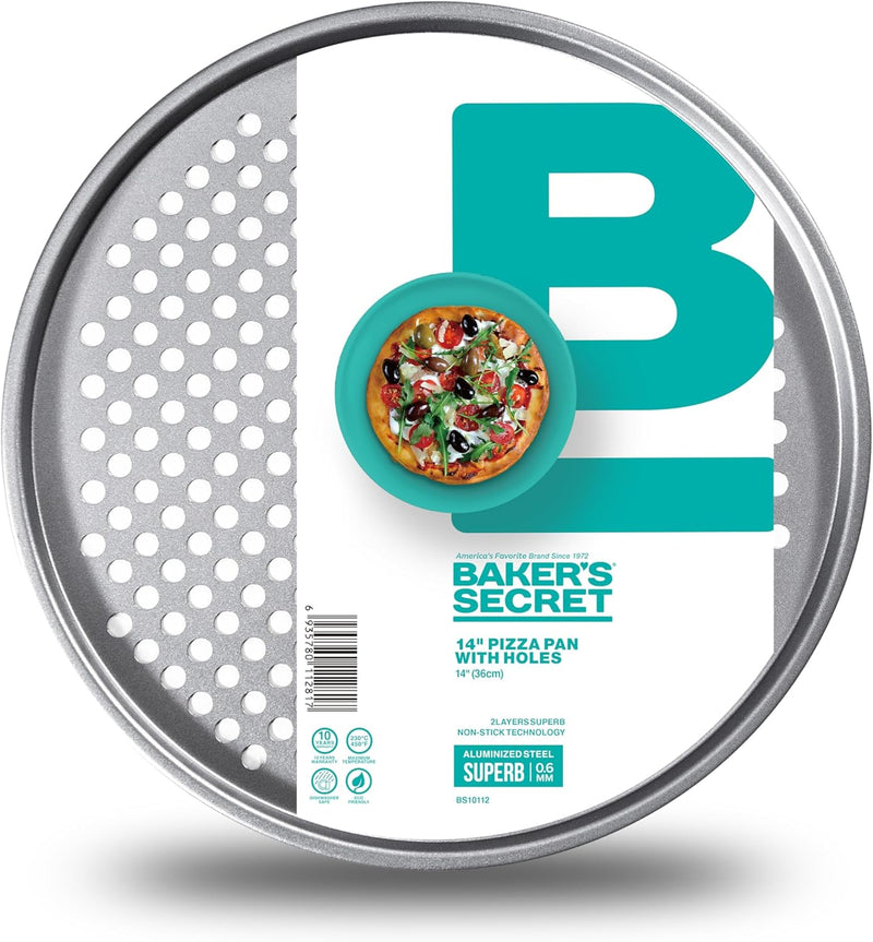 Baker's Secret Superb 14-inch perforated pizza crisper in its retail sleeve