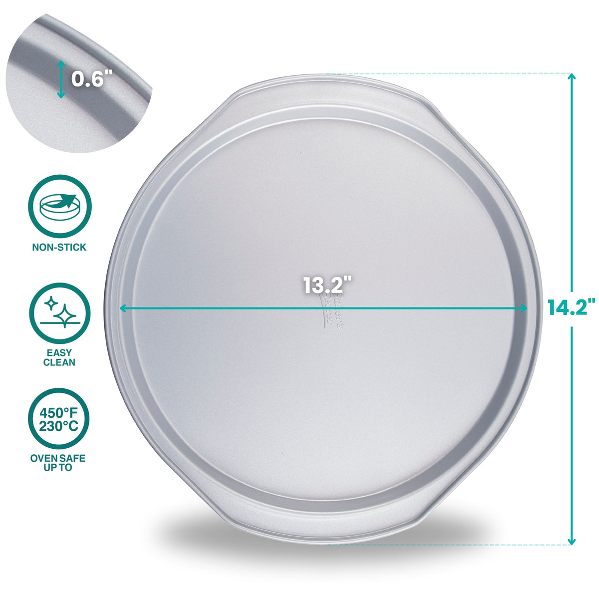 14-inch aluminized steel pizza pan with size measurements and feature icons