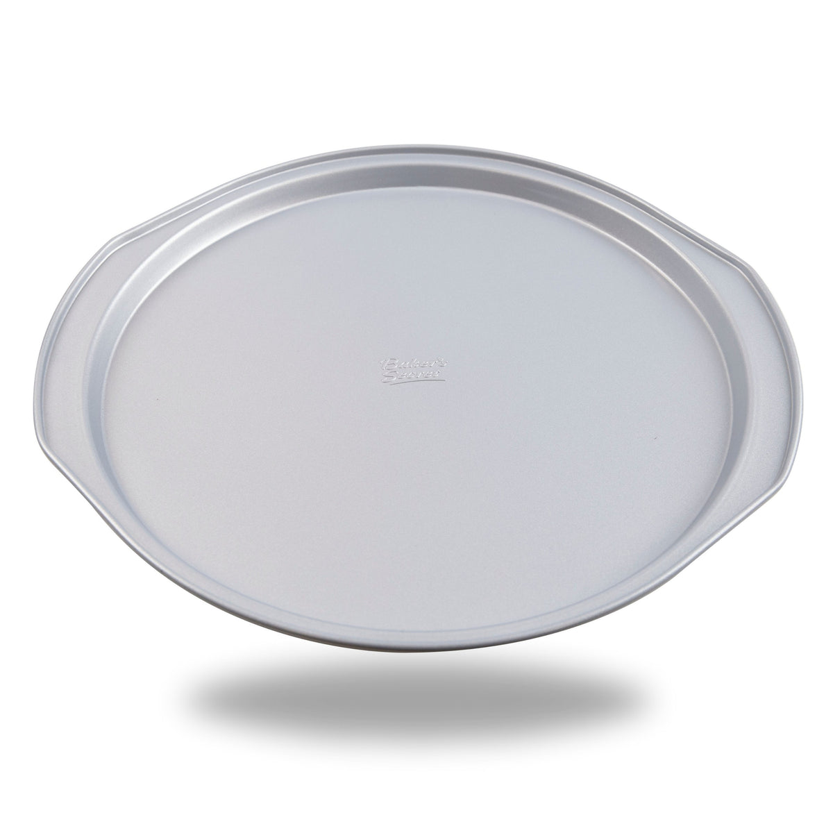14-inch silver aluminized steel pizza pan, angled view