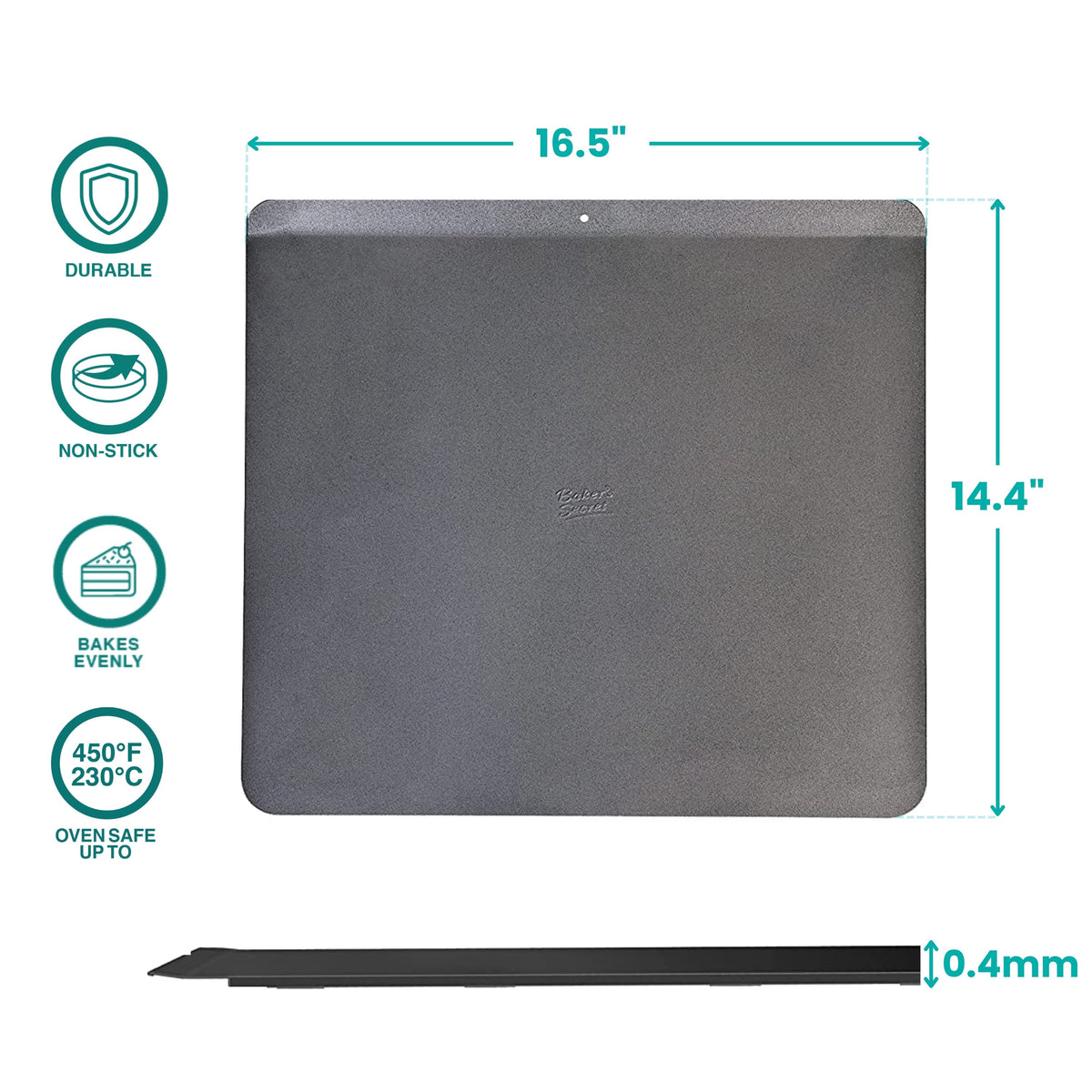 Insulated cookie sheet with size measurements and feature icons