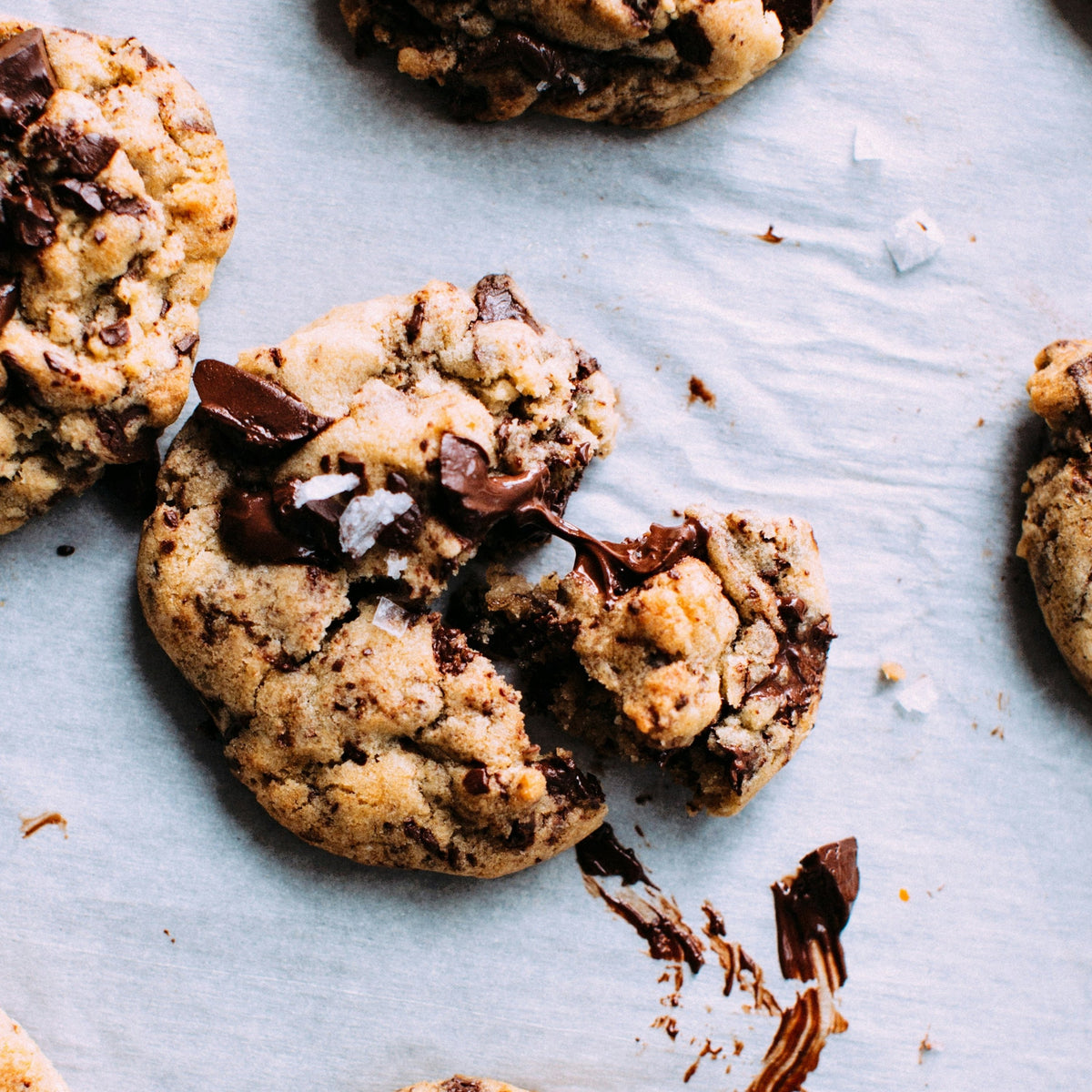 Broken chocolate chip cookies, close-up