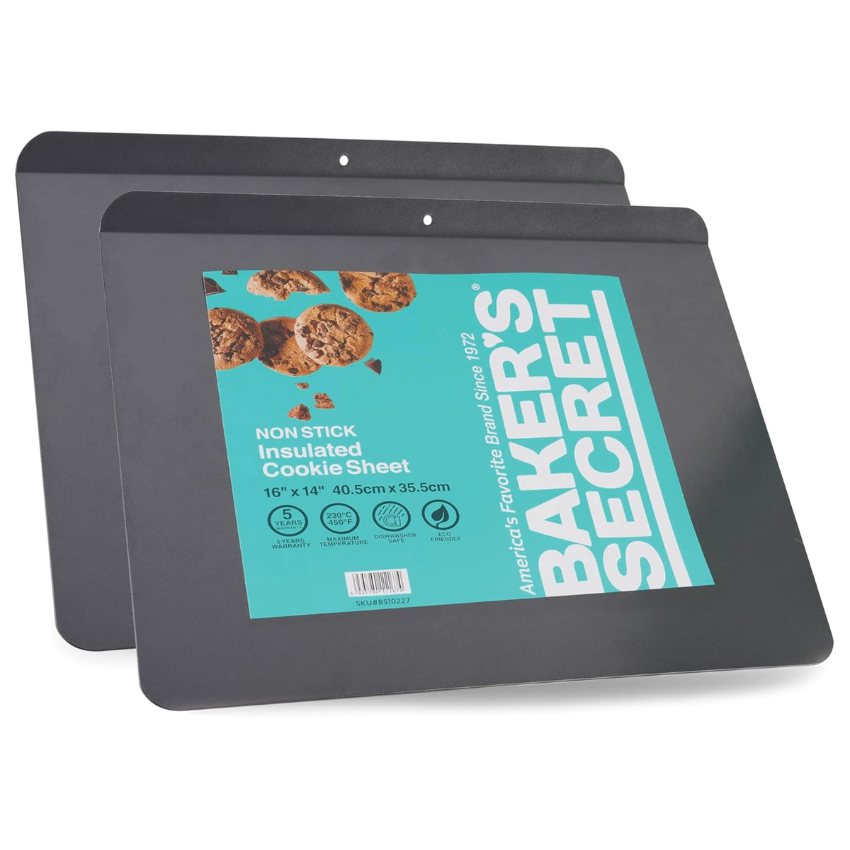 Two insulated nonstick cookie sheets in their packaging