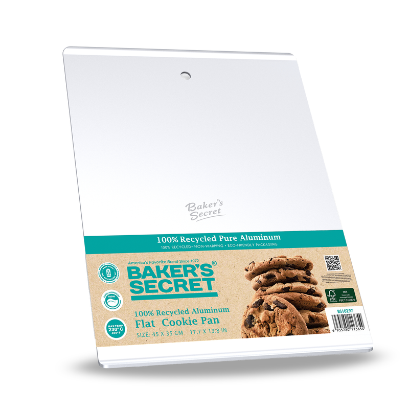 Commercial-grade pure aluminum cookie sheet in Baker's Secret packaging