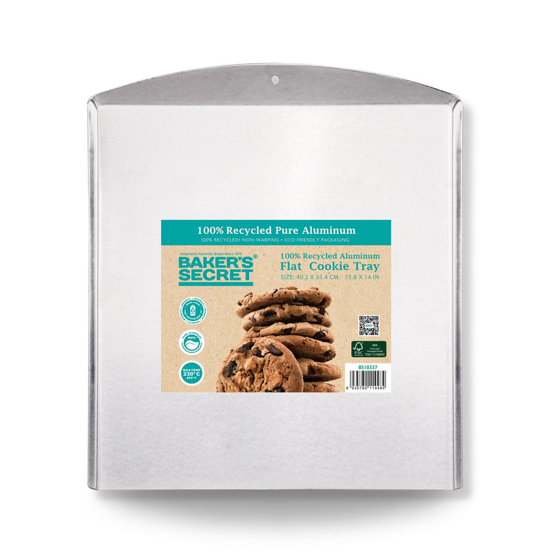Raised-edge pure aluminum cookie sheet in Baker's Secret packaging