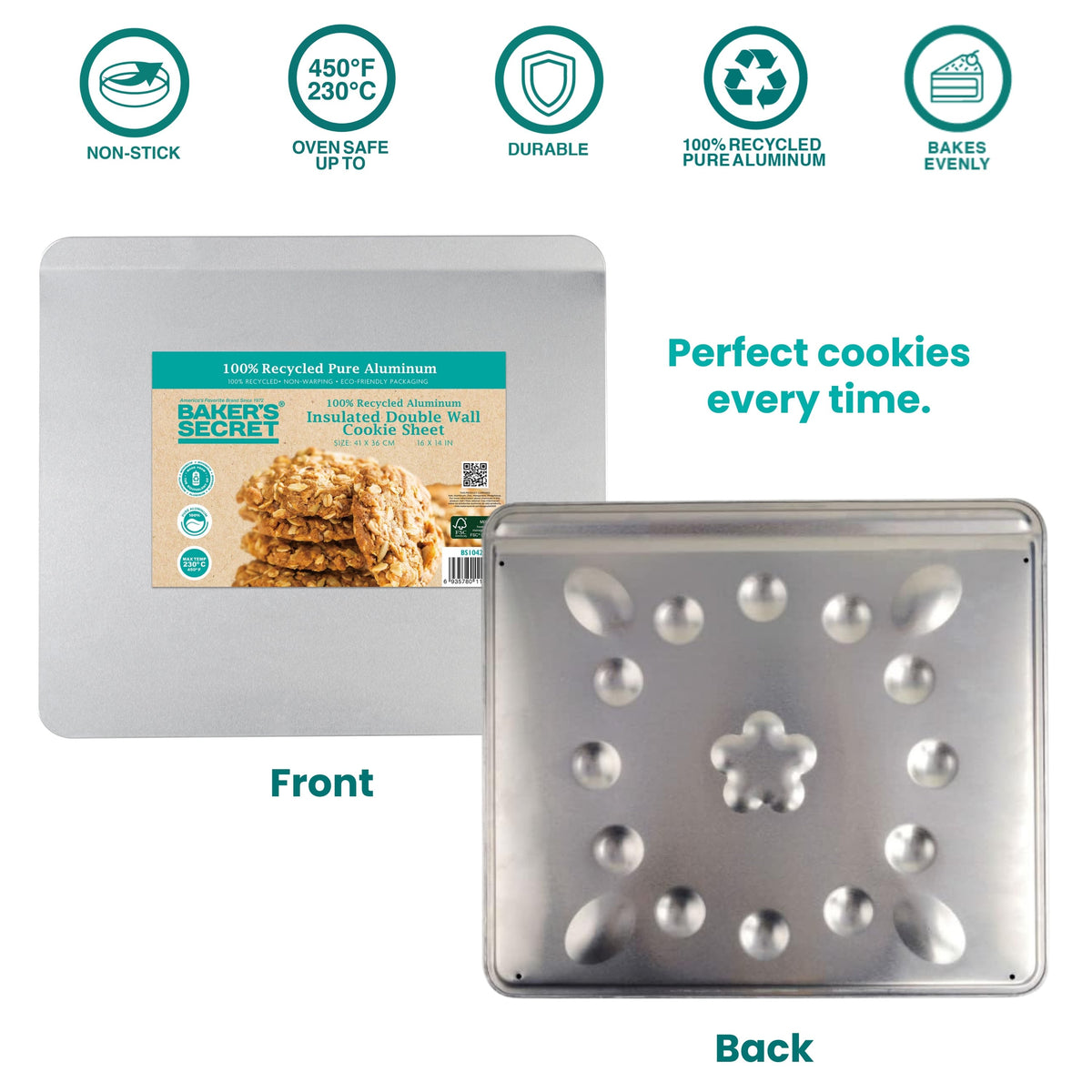 Front and back of the insulated aluminum cookie sheet with feature icons