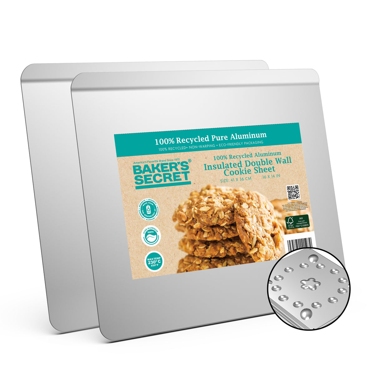 Two insulated pure aluminum cookie sheets in their packaging