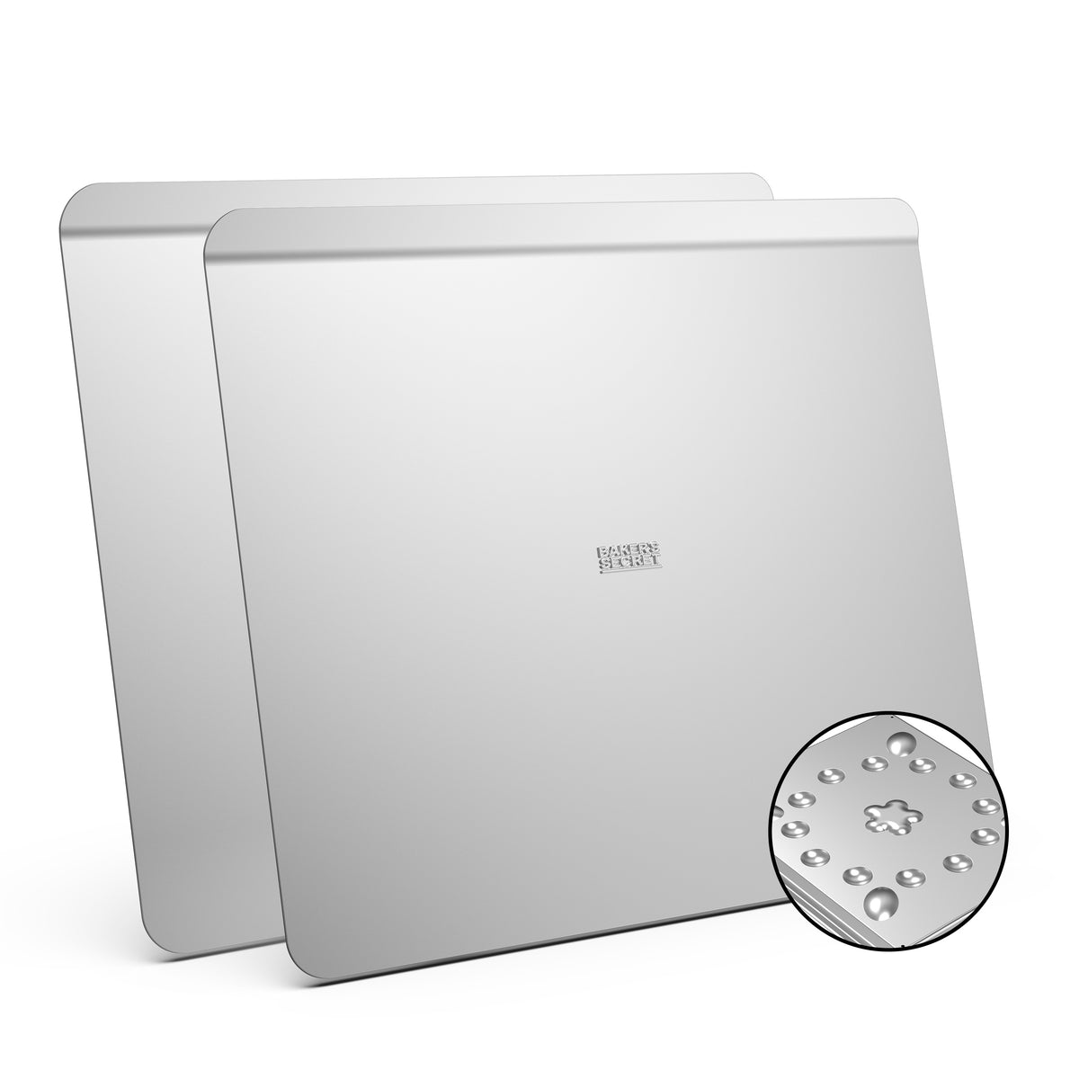 Two insulated pure aluminum cookie sheets with a 100% recycled aluminum badge