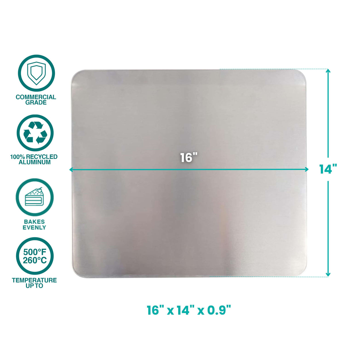 Insulated pure aluminum cookie sheet with size measurements and feature icons