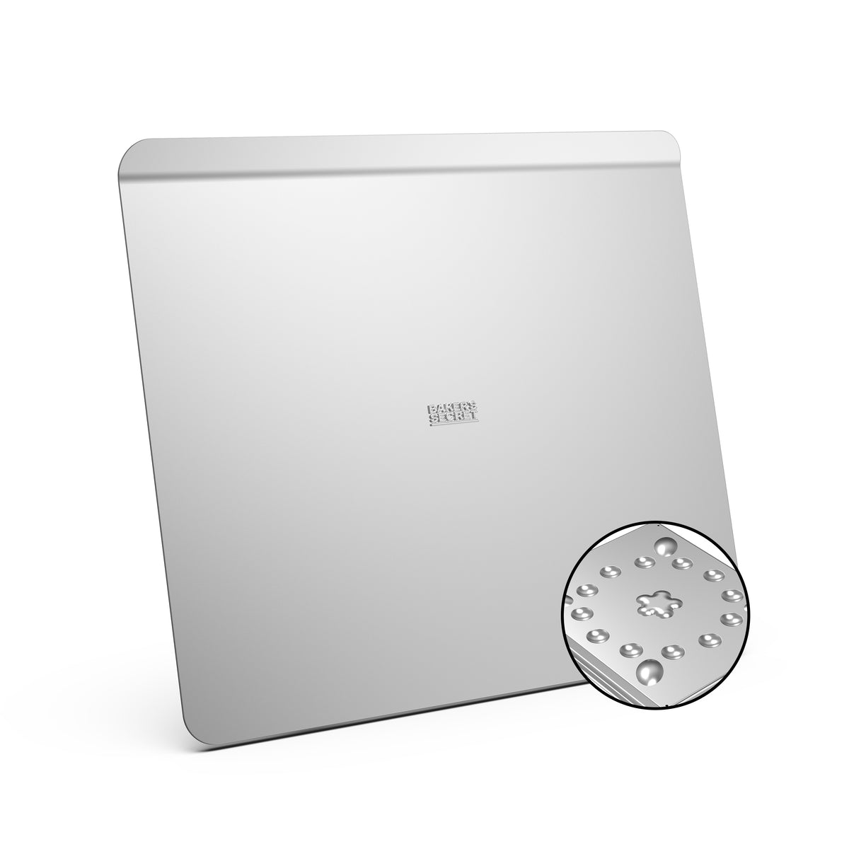 Insulated pure aluminum cookie sheet with a 100% recycled aluminum badge