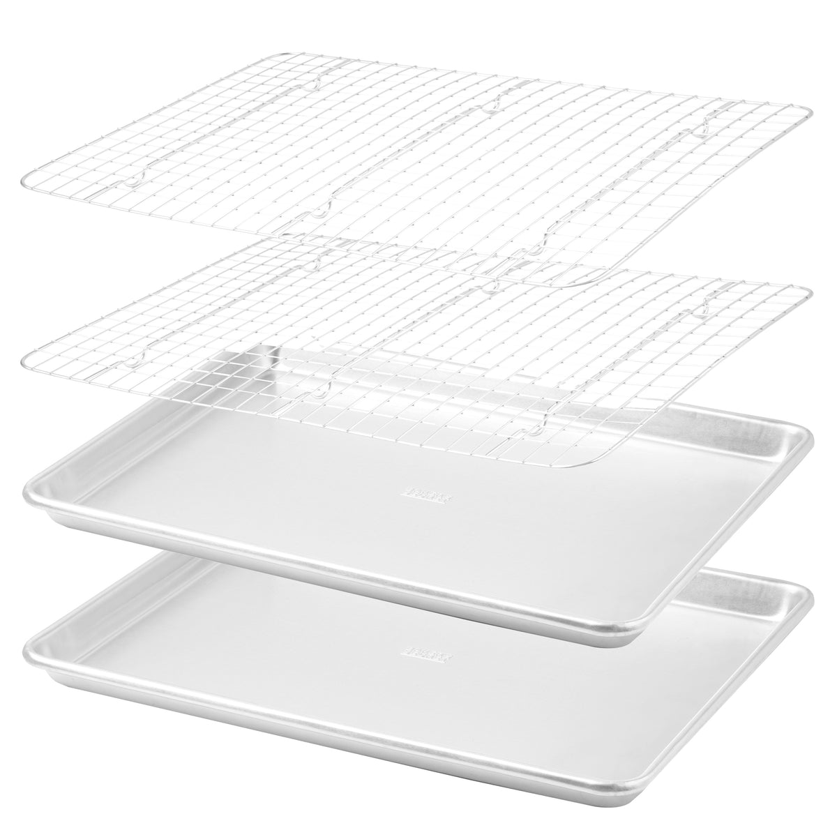 Exploded view of two aluminum cookie sheets and two cooling racks