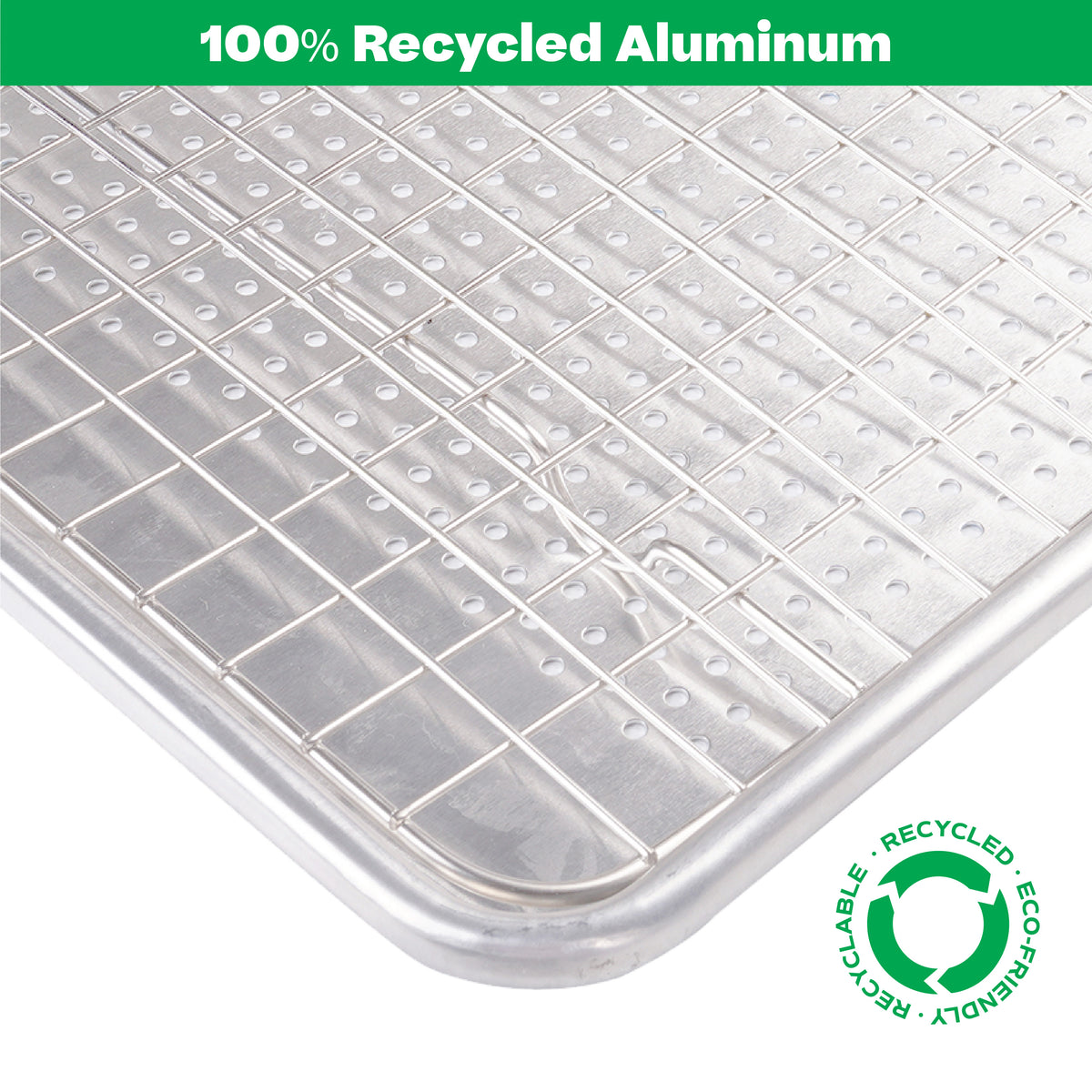 Close-up of a cooling rack on a 100% recycled aluminum cookie sheet