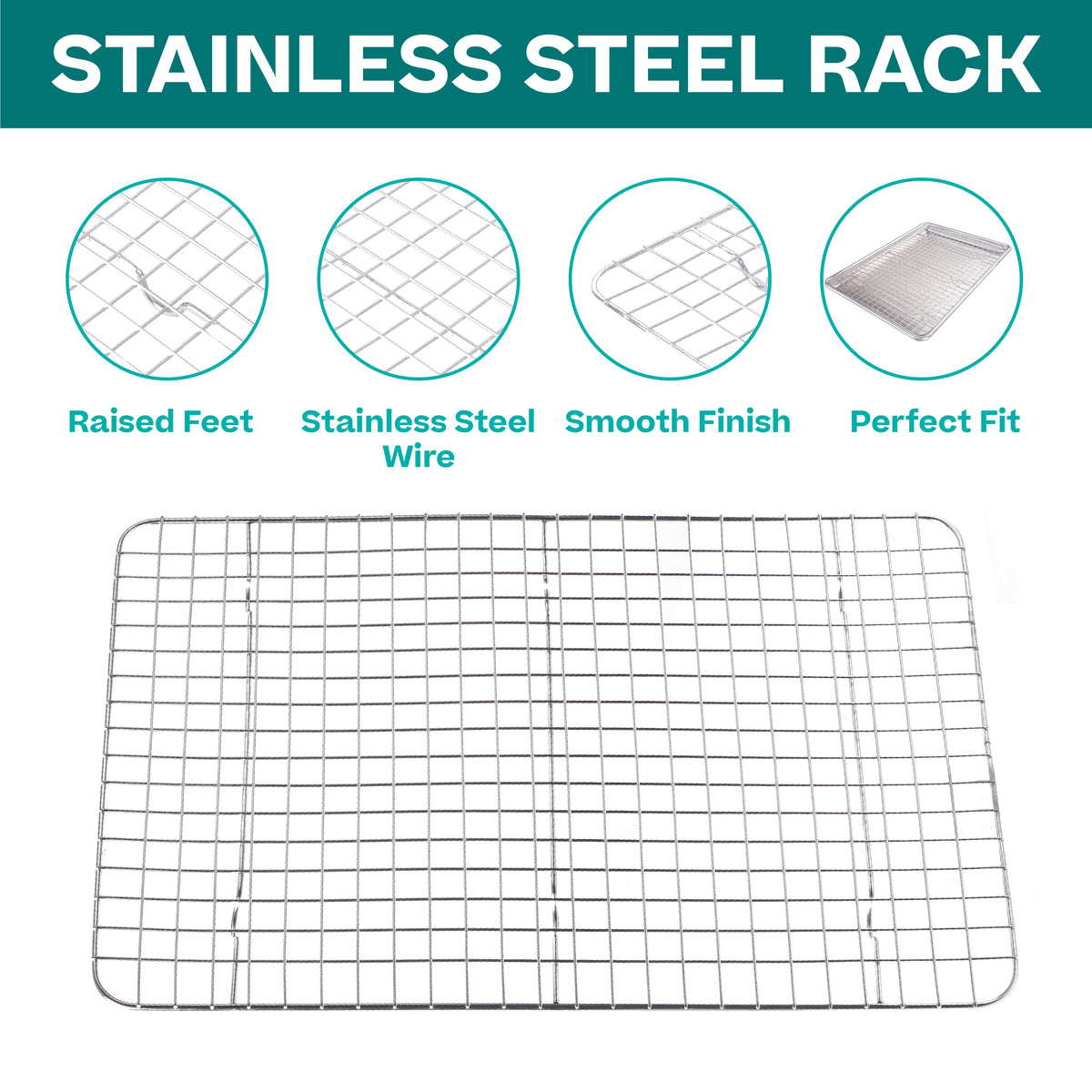 Stainless steel cooling rack features: raised feet, smooth finish, fits the sheet