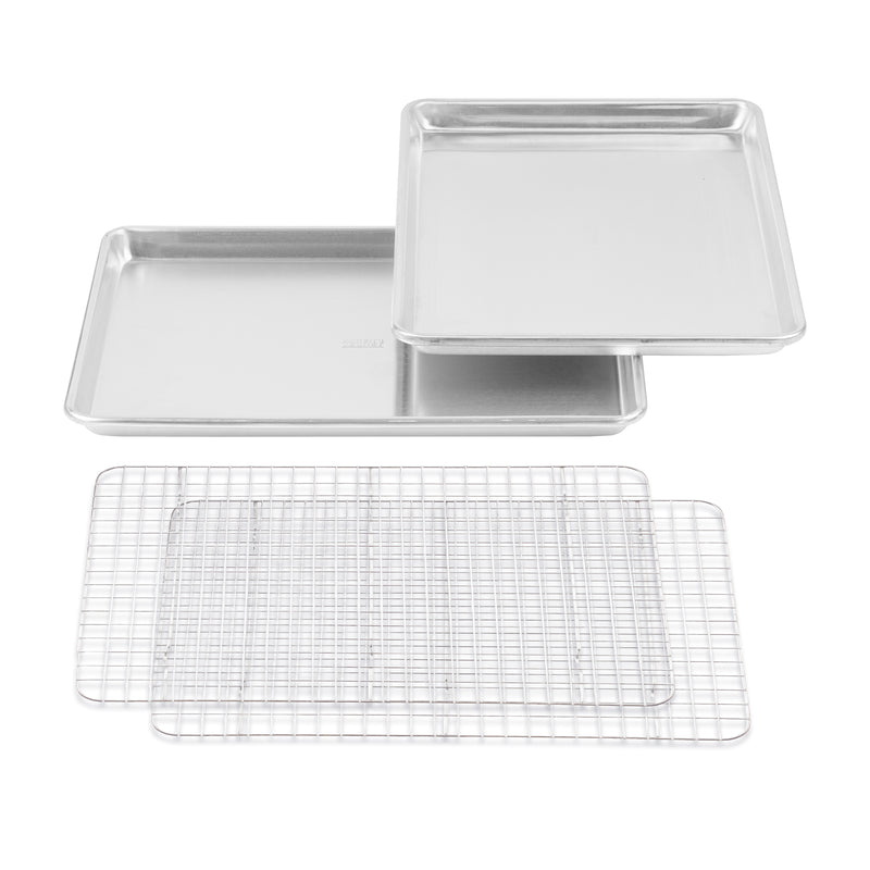 4-piece set: two recycled aluminum cookie sheets and two stainless steel cooling racks