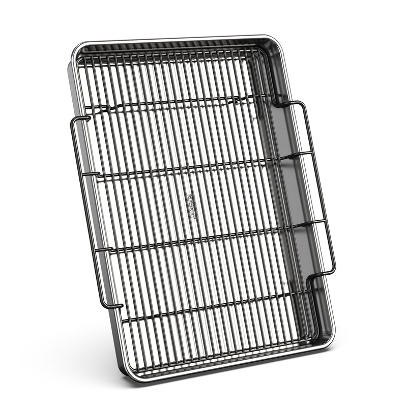 Recycled aluminum roasting pan with black nonstick rack, top view