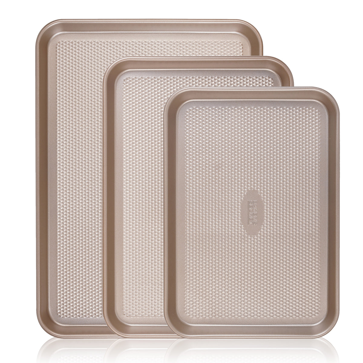 Set of 3 champagne-gold diamond-texture cookie sheets in three sizes