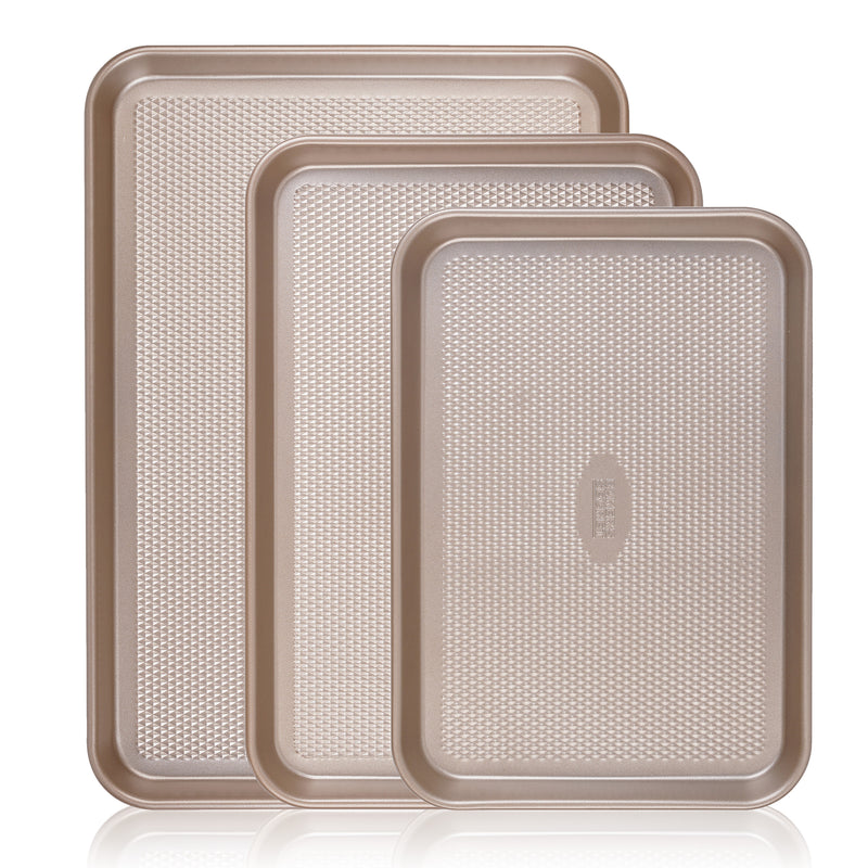 Set of 3 champagne-gold diamond-texture cookie sheets in three sizes