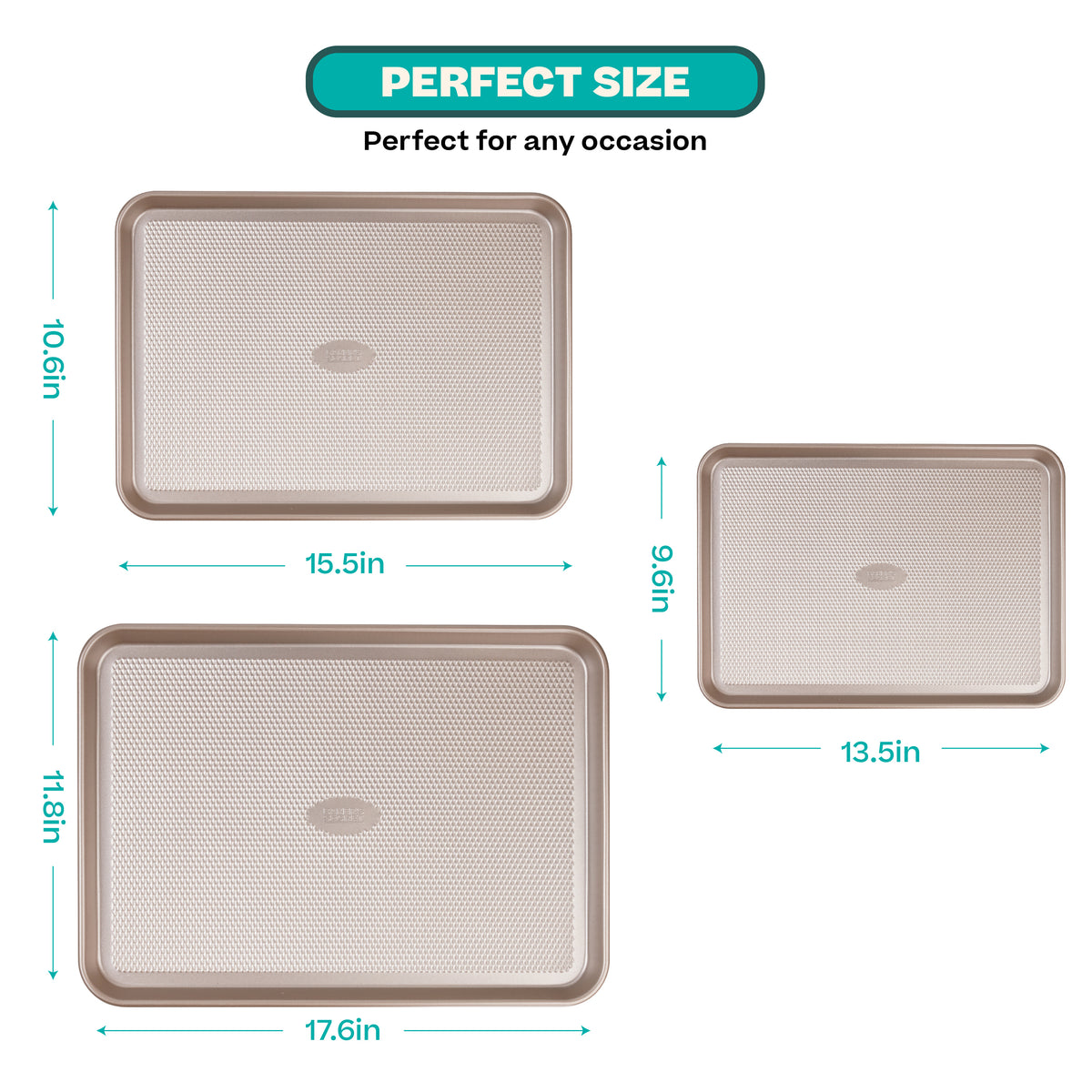 Diamond-texture cookie sheet set with the dimensions of all three sizes
