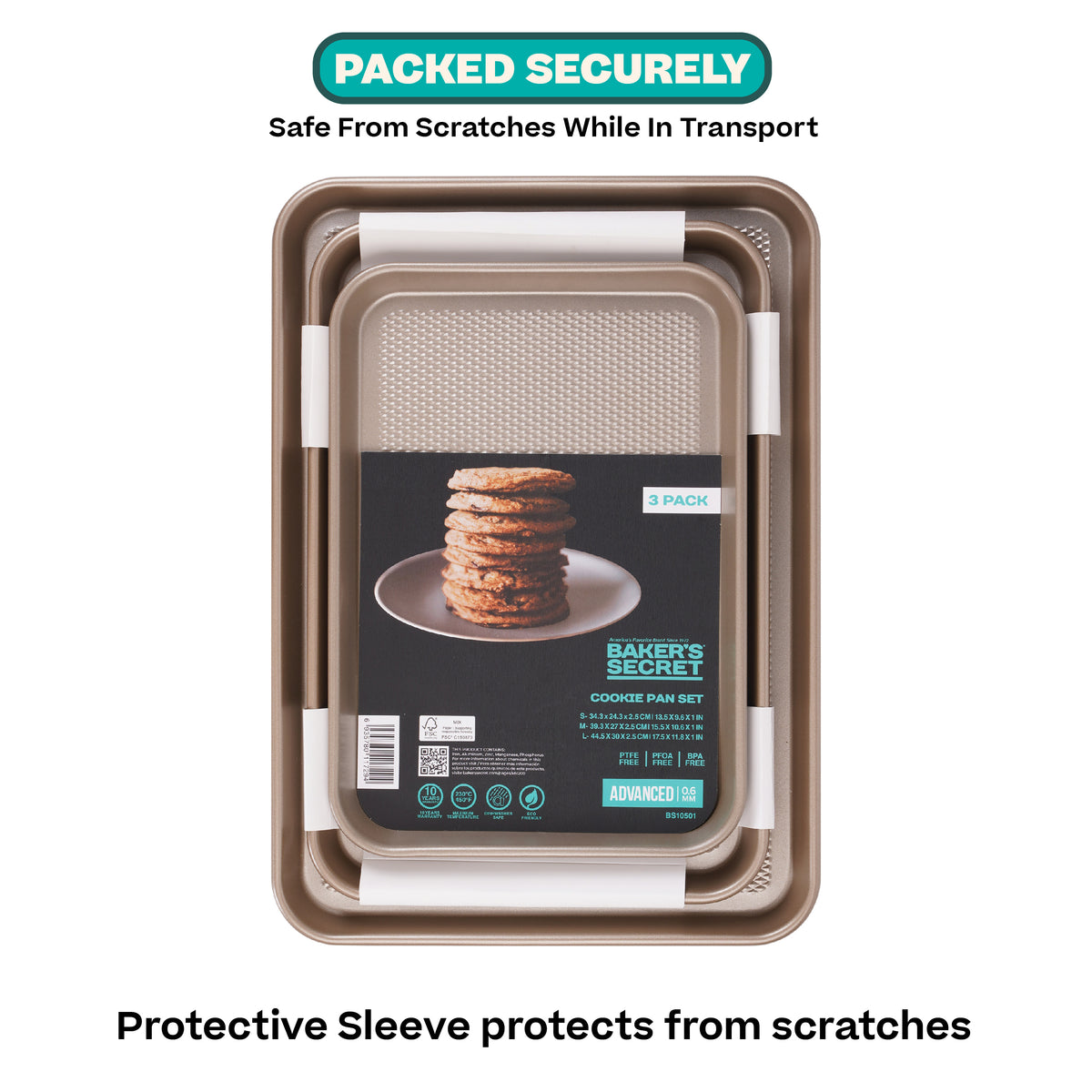 Cookie sheets packed in a protective sleeve to prevent scratches