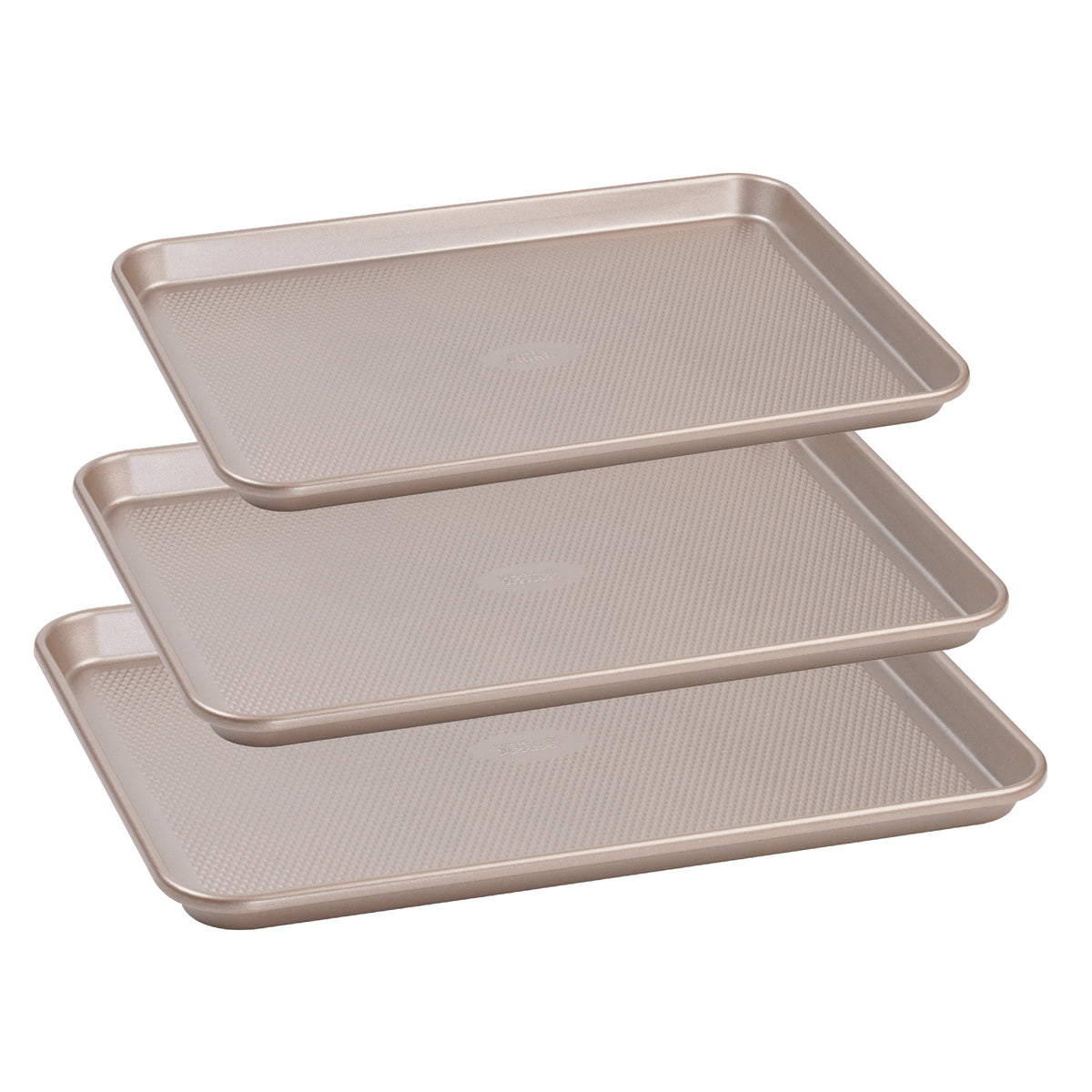 Three champagne-gold diamond-texture cookie sheets stacked