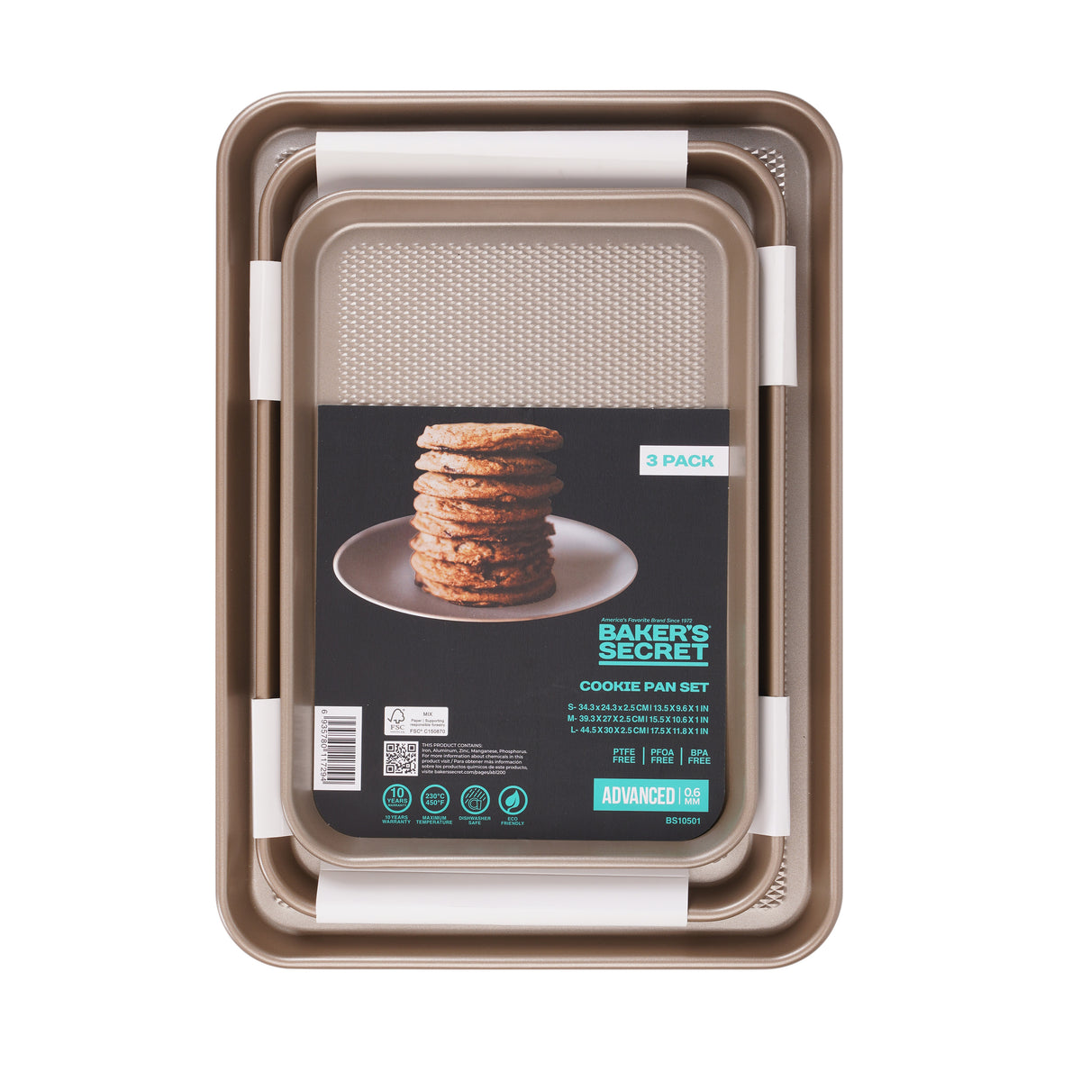 Champagne-gold cookie sheet set in its protective packaging