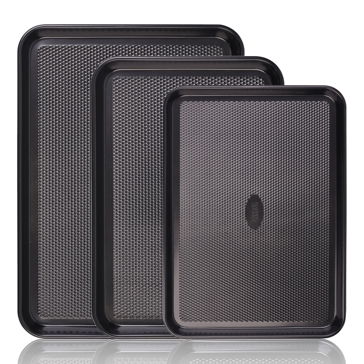 Set of 3 black diamond-texture cookie sheets in three sizes