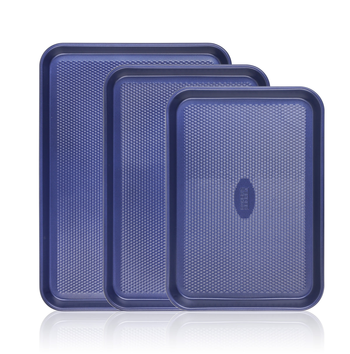 Set of 3 navy diamond-texture cookie sheets in three sizes