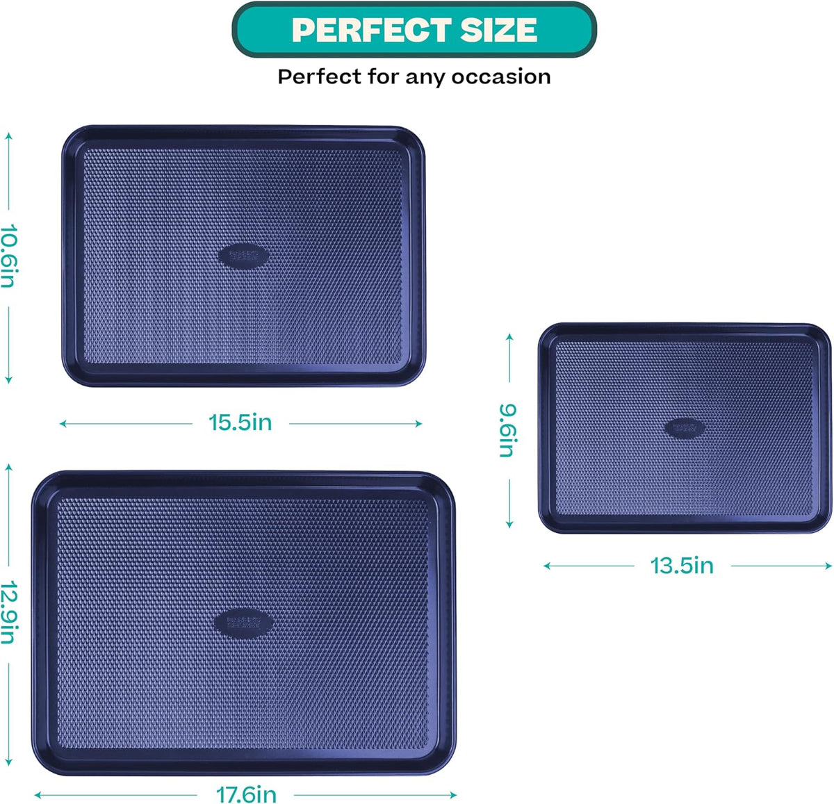 Navy diamond-texture cookie sheet set with the dimensions of all three sizes