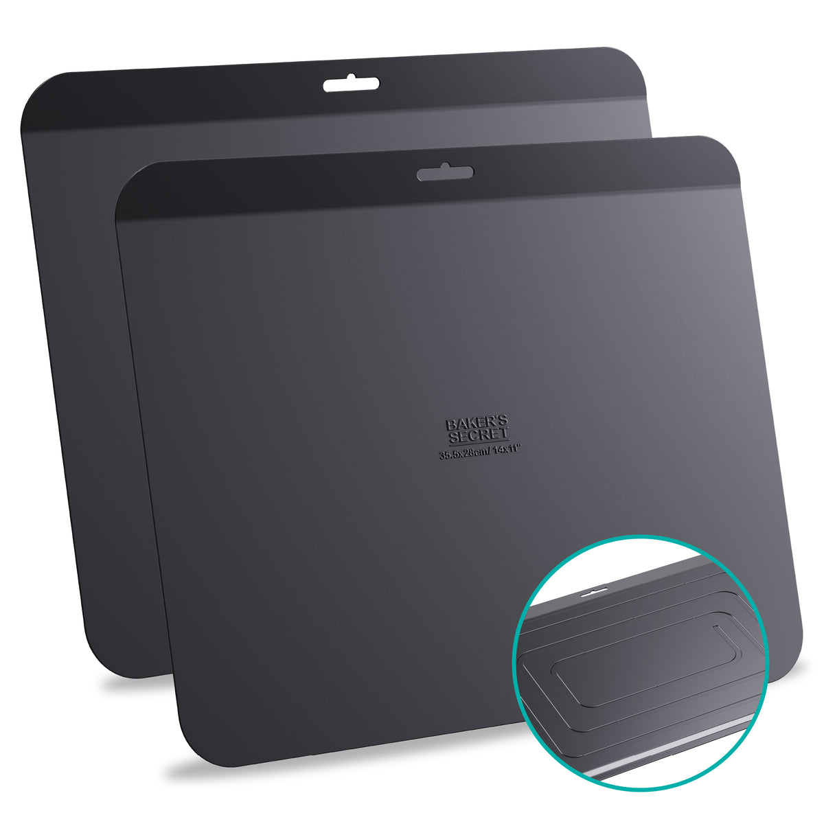 Two insulated cookie sheets with a close-up of the double-layer edge