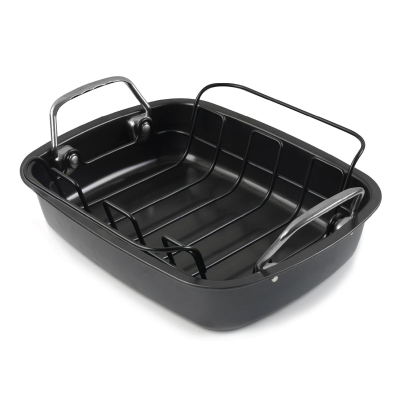 Heavy Gauge Roaster with removable rack and stainless steel handles, black nonstick