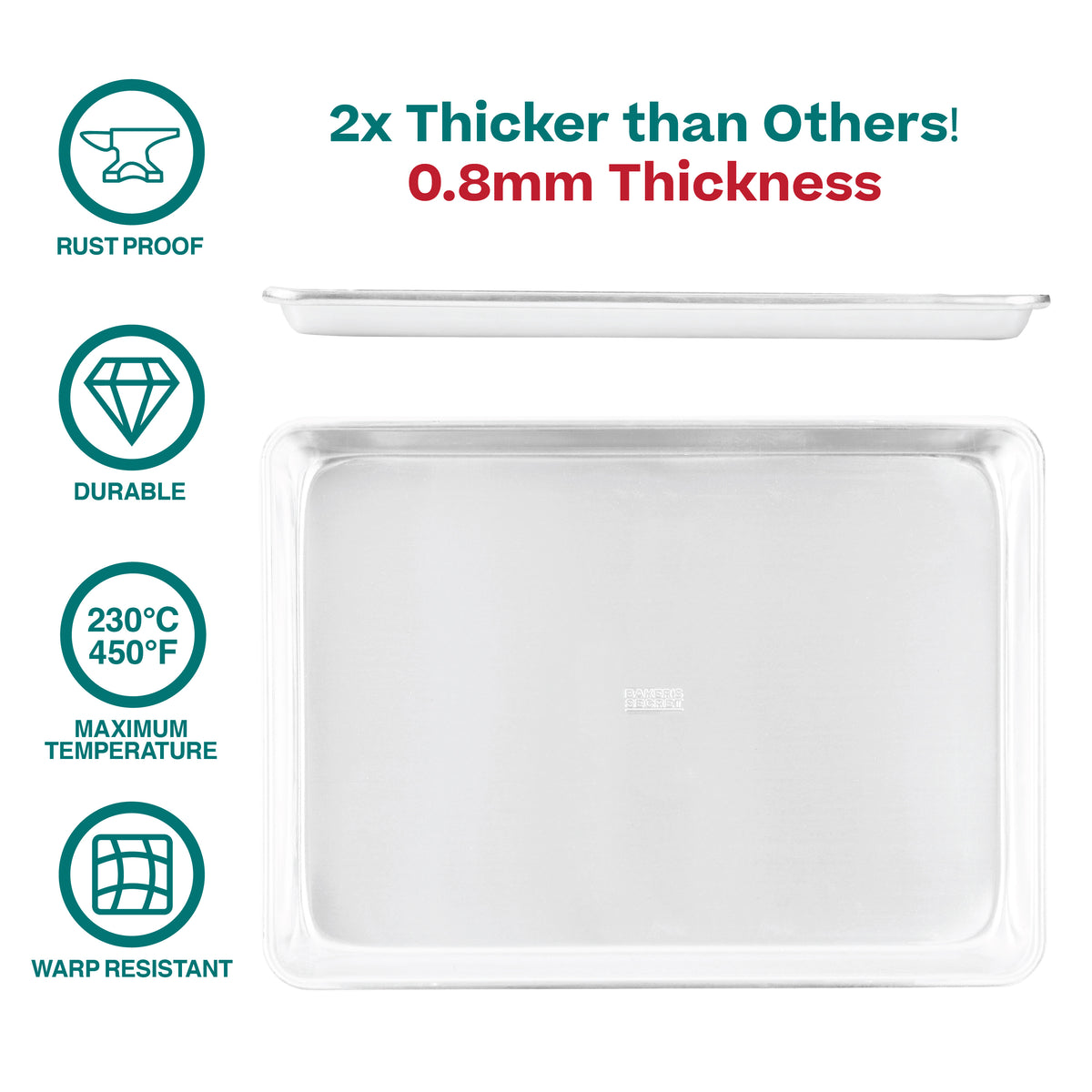 Extra-thick 0.8 mm aluminum cookie sheet, twice as thick as standard sheets, with feature icons