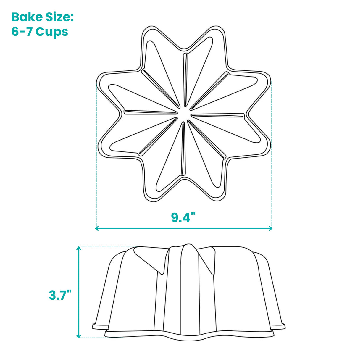 Deco fluted tube pan line drawing with dimensions and 6-7 cup bake size
