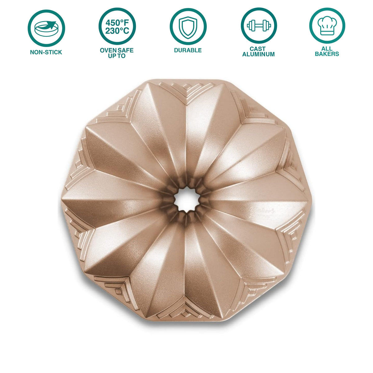 Deco fluted tube pan, top view, with product feature icons