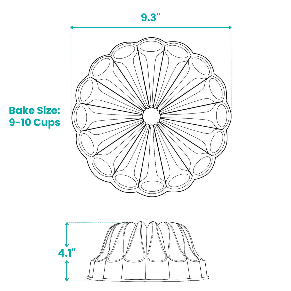 Fountain fluted tube pan line drawing with dimensions and 9-10 cup bake size
