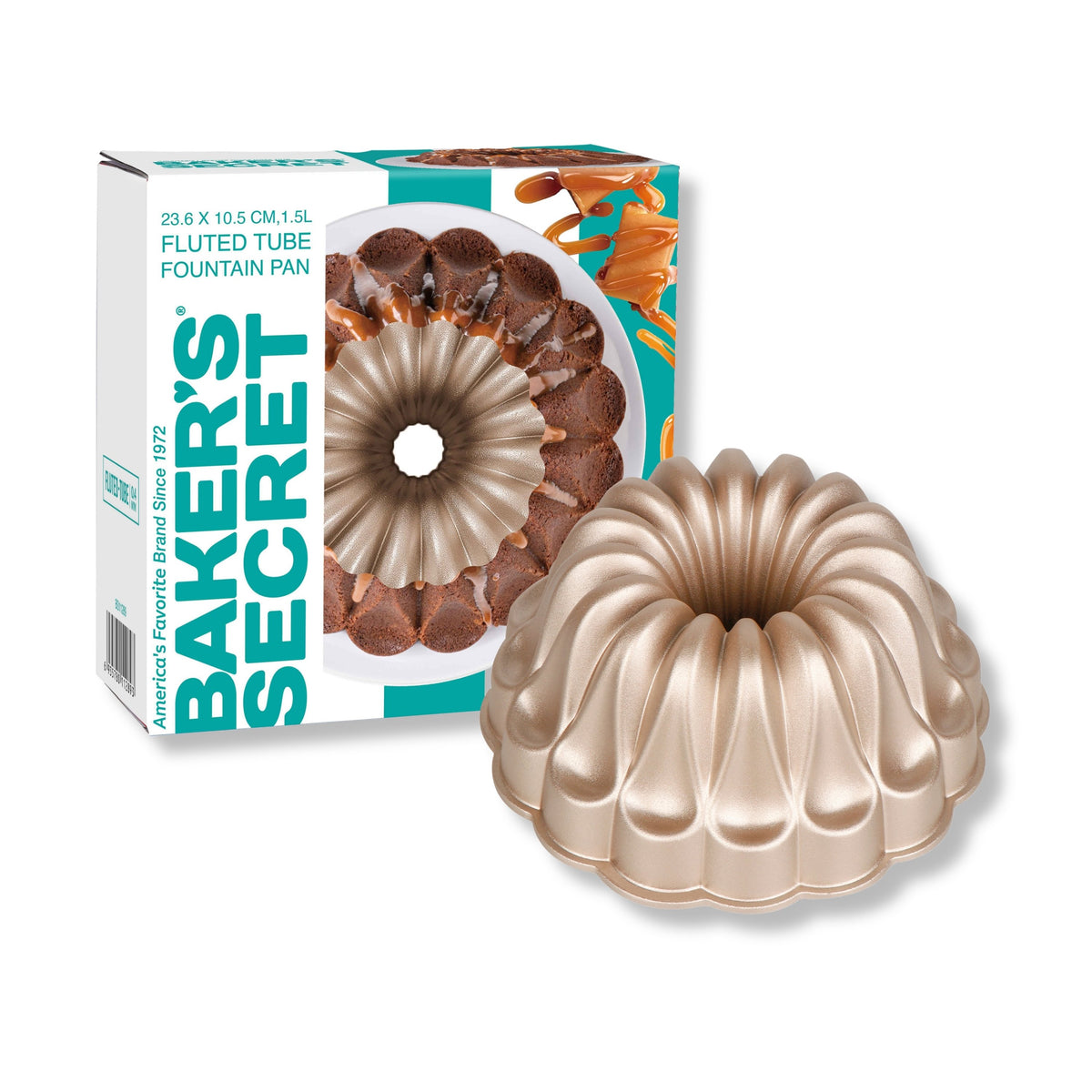 Fountain fluted tube pan beside its Baker's Secret gift box