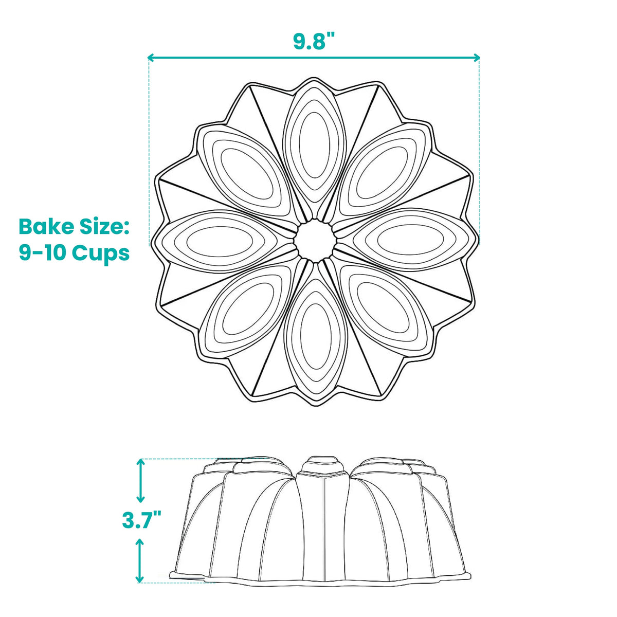 Bloom fluted tube pan line drawing with dimensions and 9-10 cup bake size