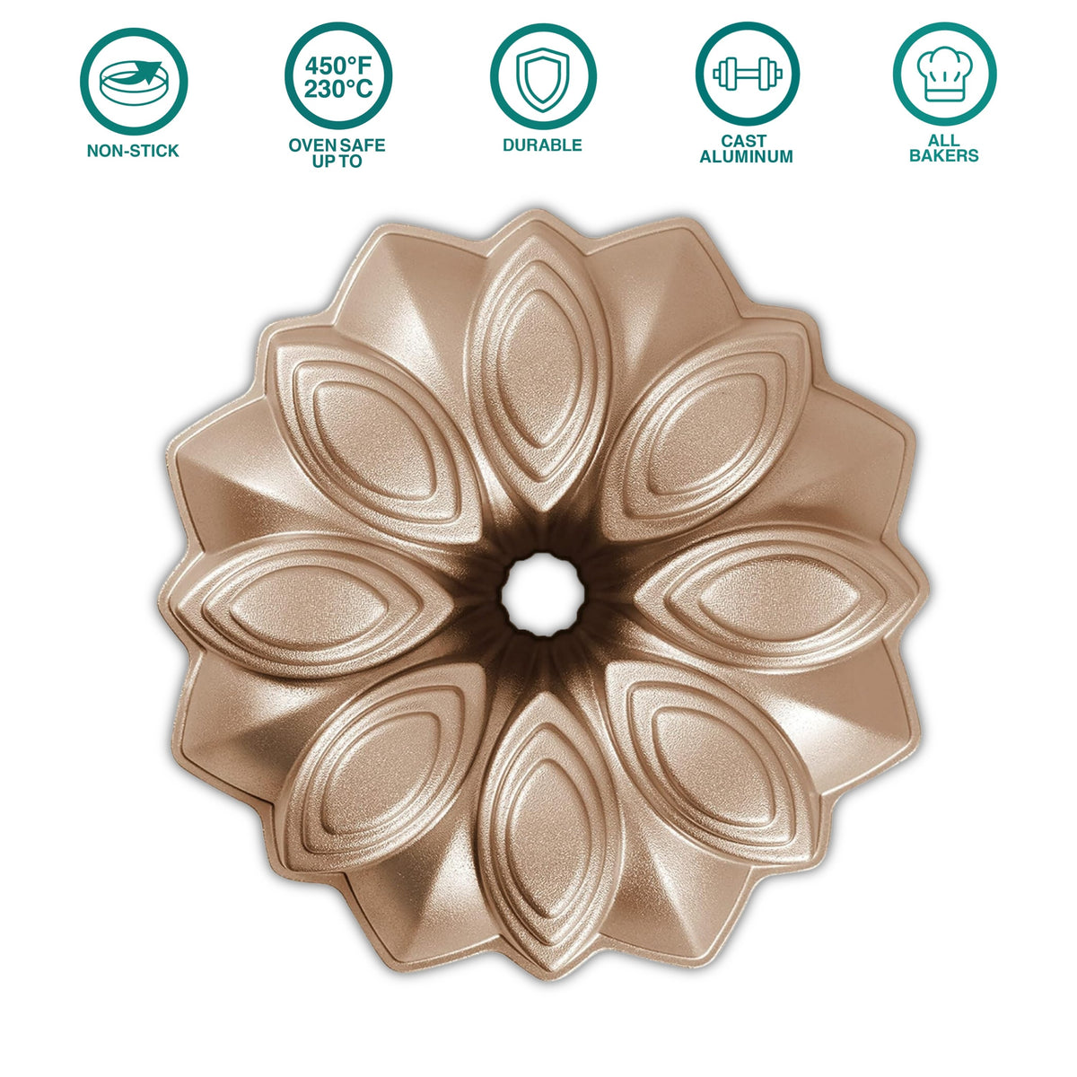Bloom fluted tube pan, top view, with product feature icons