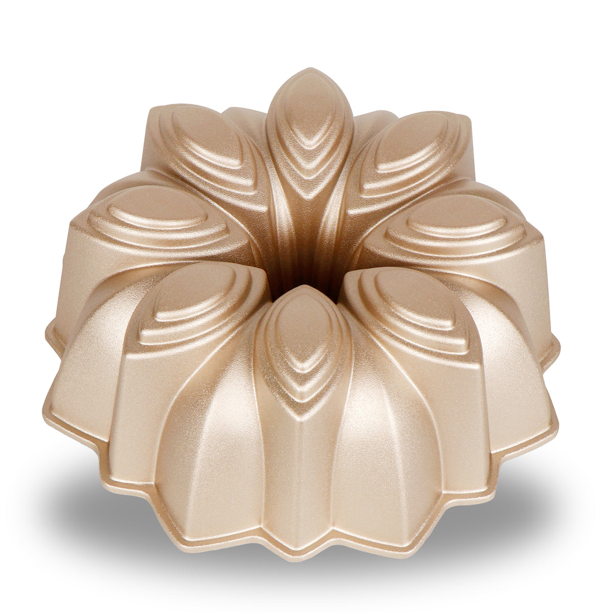 Bloom cast aluminum fluted tube pan with a flower-petal design, champagne gold